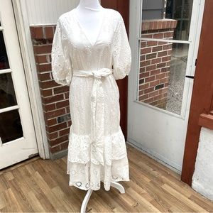 Zara boho Beachy white eyelet cutout maxi tiered balloon sleeve v neck dress